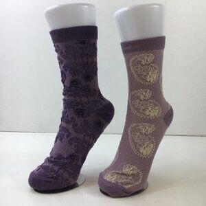 Womens Crew Socks 2 Pack Ribbed Cuffs Floral Heart Jacquard Textured Purple